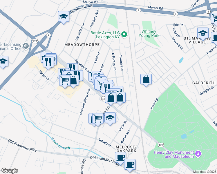 map of restaurants, bars, coffee shops, grocery stores, and more near 1422 North Forbes Road in Lexington