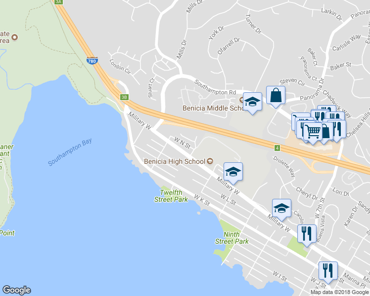 map of restaurants, bars, coffee shops, grocery stores, and more near 1235 Military West in Benicia