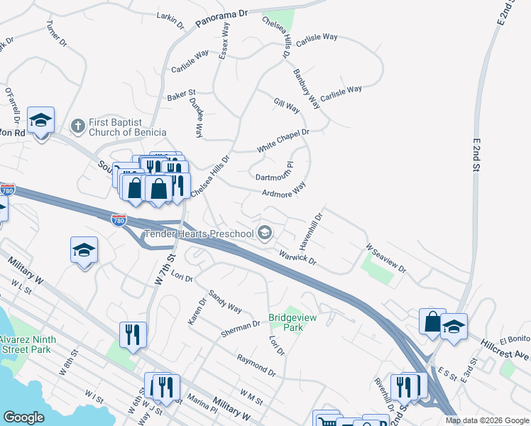 map of restaurants, bars, coffee shops, grocery stores, and more near 2296 Clearview Circle in Benicia