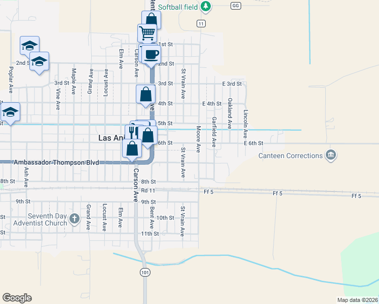 map of restaurants, bars, coffee shops, grocery stores, and more near 626 Saint Vrain Avenue in Las Animas