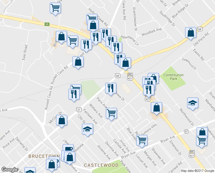 map of restaurants, bars, coffee shops, grocery stores, and more near 1496 U.S. 68 in Lexington