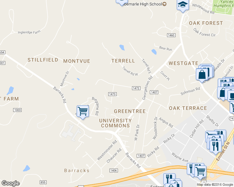 map of restaurants, bars, coffee shops, grocery stores, and more near 103 Whetstone Place in Charlottesville