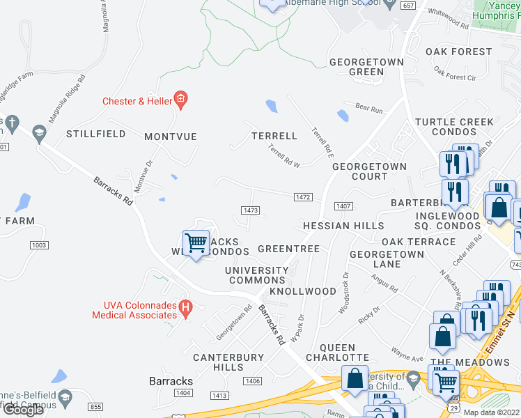 map of restaurants, bars, coffee shops, grocery stores, and more near 103 Whetstone Place in Charlottesville