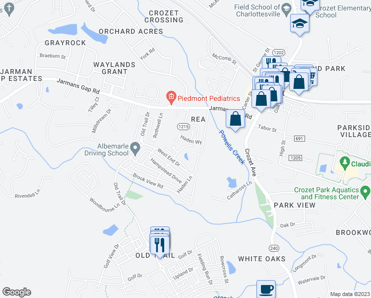 map of restaurants, bars, coffee shops, grocery stores, and more near 560 Summerford Lane in Crozet