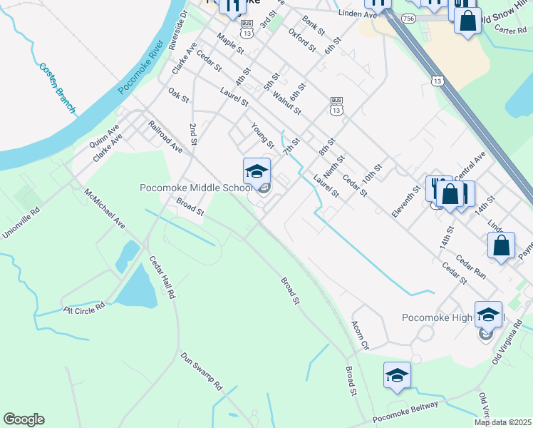 map of restaurants, bars, coffee shops, grocery stores, and more near 800 8th Street in Pocomoke City