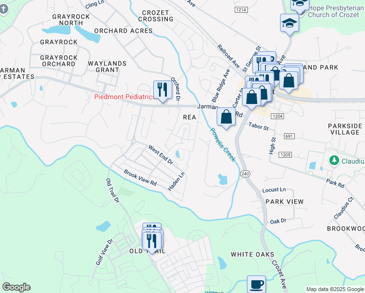 map of restaurants, bars, coffee shops, grocery stores, and more near 572 Summerford Lane in Crozet
