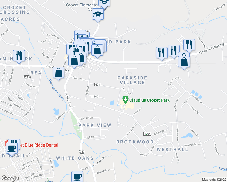 map of restaurants, bars, coffee shops, grocery stores, and more near 5635 Hill Top St in Crozet