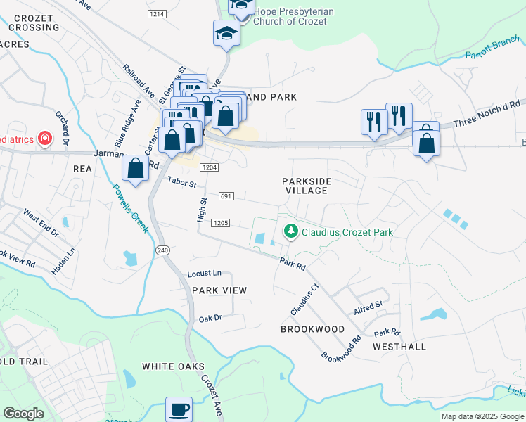 map of restaurants, bars, coffee shops, grocery stores, and more near 5635 Hill Top Street in Crozet