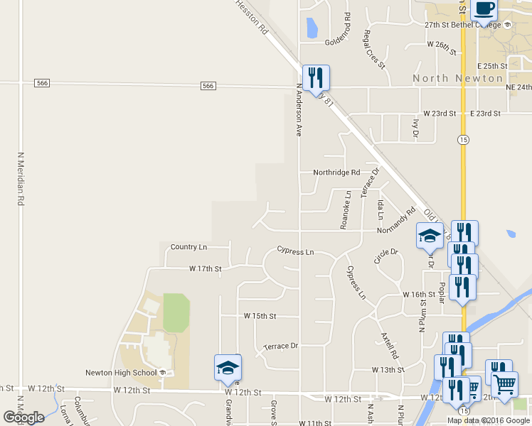 map of restaurants, bars, coffee shops, grocery stores, and more near Briarwood Drive in Newton