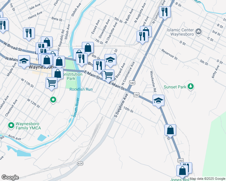 map of restaurants, bars, coffee shops, grocery stores, and more near 126 South Bayard Avenue in Waynesboro