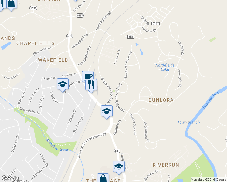 map of restaurants, bars, coffee shops, grocery stores, and more near 550 Belvedere Boulevard in Charlottesville