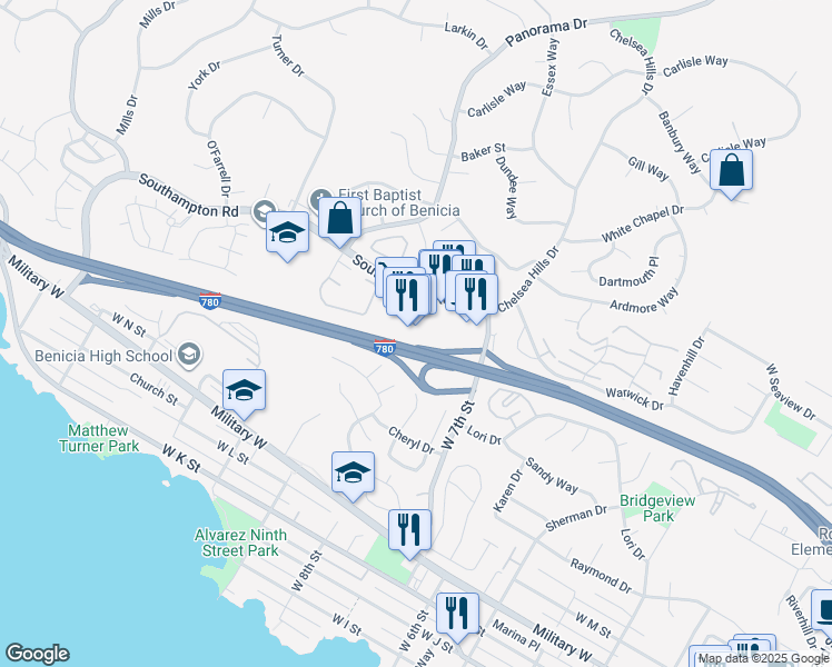 map of restaurants, bars, coffee shops, grocery stores, and more near in Benicia