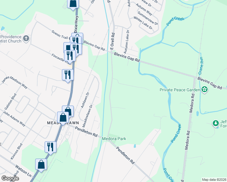 map of restaurants, bars, coffee shops, grocery stores, and more near 13017 East Orell Road in Louisville