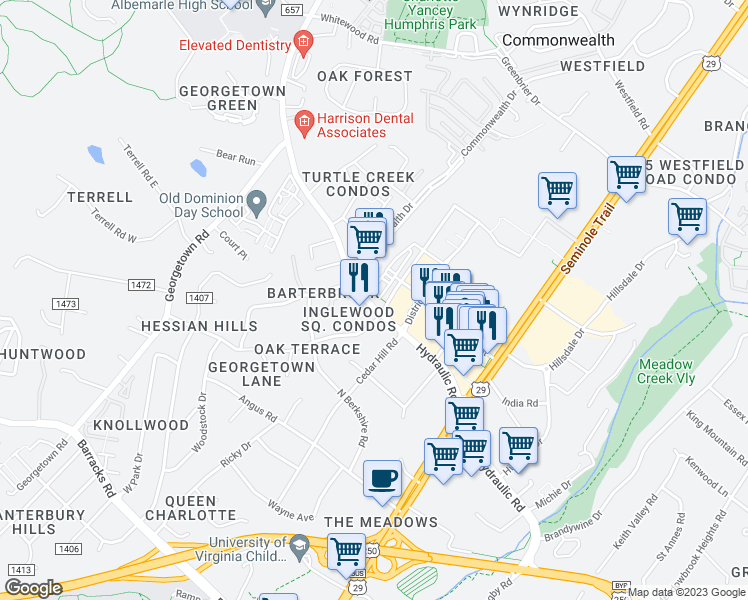 map of restaurants, bars, coffee shops, grocery stores, and more near 2082 Kober Way in Charlottesville