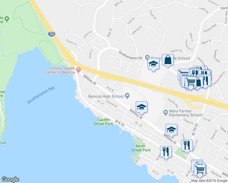 map of restaurants, bars, coffee shops, grocery stores, and more near 1228 West N Street in Benicia