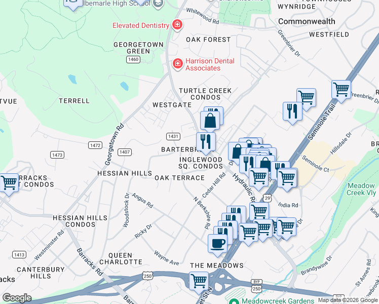 map of restaurants, bars, coffee shops, grocery stores, and more near 2410 North Berkshire Road in Charlottesville
