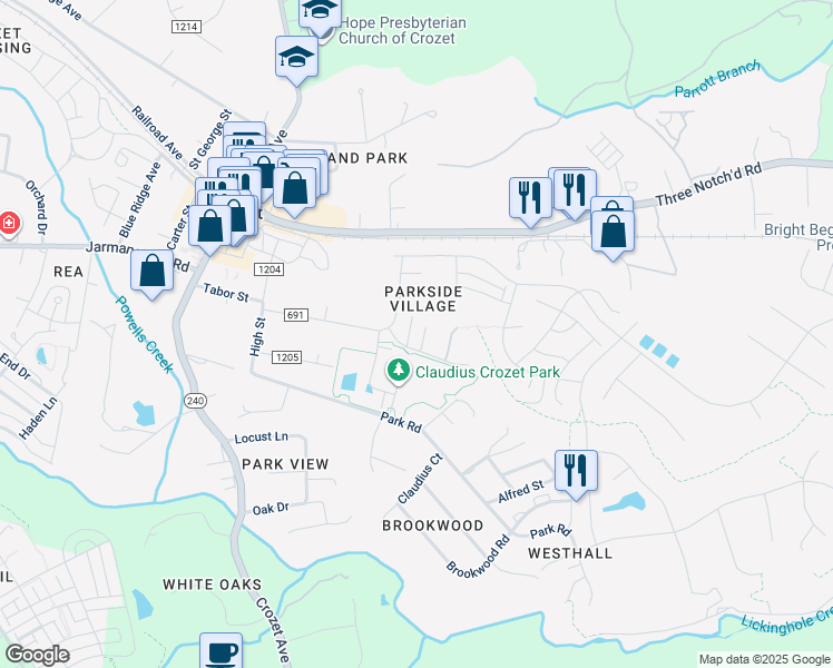 map of restaurants, bars, coffee shops, grocery stores, and more near 421 Cranberry Ln in Crozet