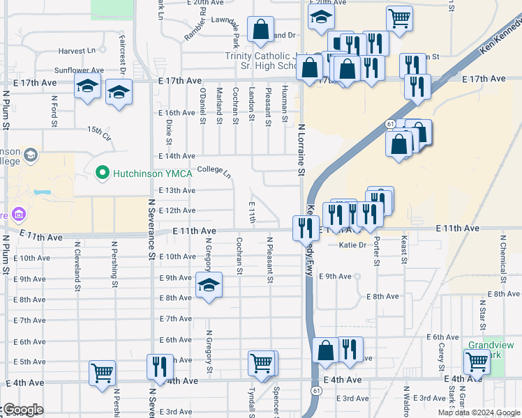 map of restaurants, bars, coffee shops, grocery stores, and more near in Hutchinson