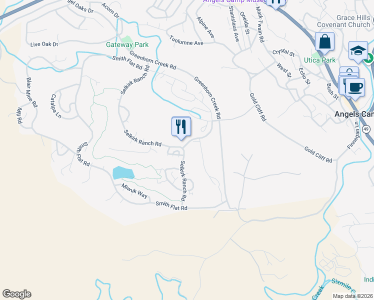 map of restaurants, bars, coffee shops, grocery stores, and more near 733 Selkirk Ranch Road in Angels Camp