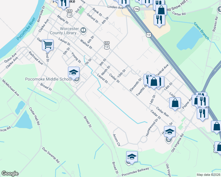 map of restaurants, bars, coffee shops, grocery stores, and more near 1002 Laurel Street in Pocomoke City