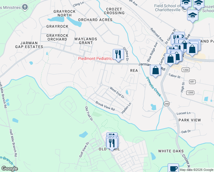map of restaurants, bars, coffee shops, grocery stores, and more near 225-299 Grass Dale Lane in Crozet