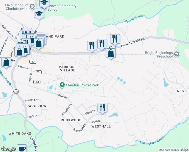 map of restaurants, bars, coffee shops, grocery stores, and more near 5428 Leon Lane in Crozet