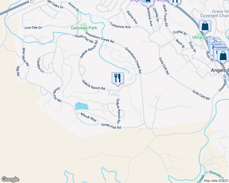 map of restaurants, bars, coffee shops, grocery stores, and more near 687 North Star Loop in Angels Camp