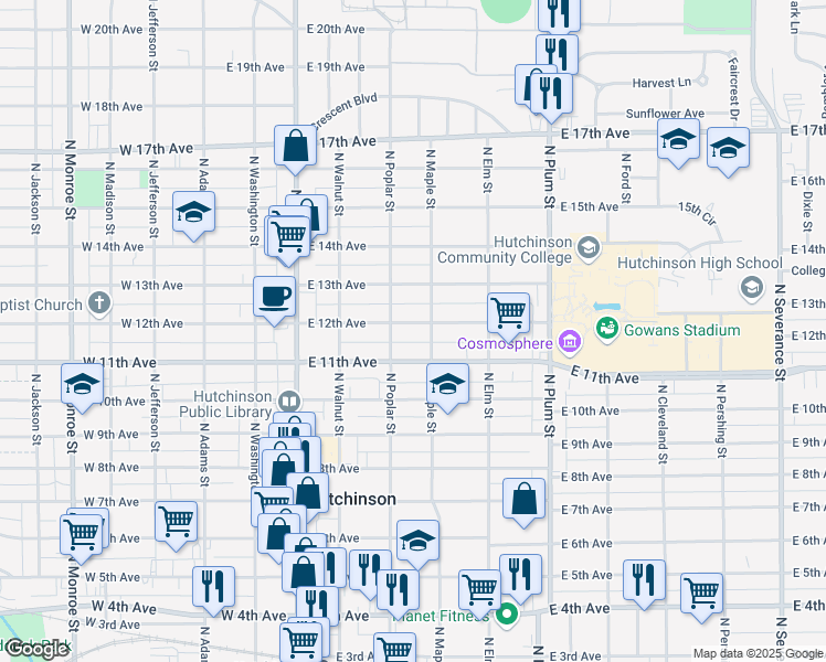 map of restaurants, bars, coffee shops, grocery stores, and more near 219 East 12th Avenue in Hutchinson