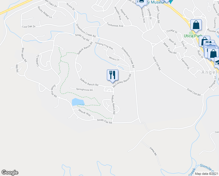 map of restaurants, bars, coffee shops, grocery stores, and more near 687 North Star Loop in Angels Camp