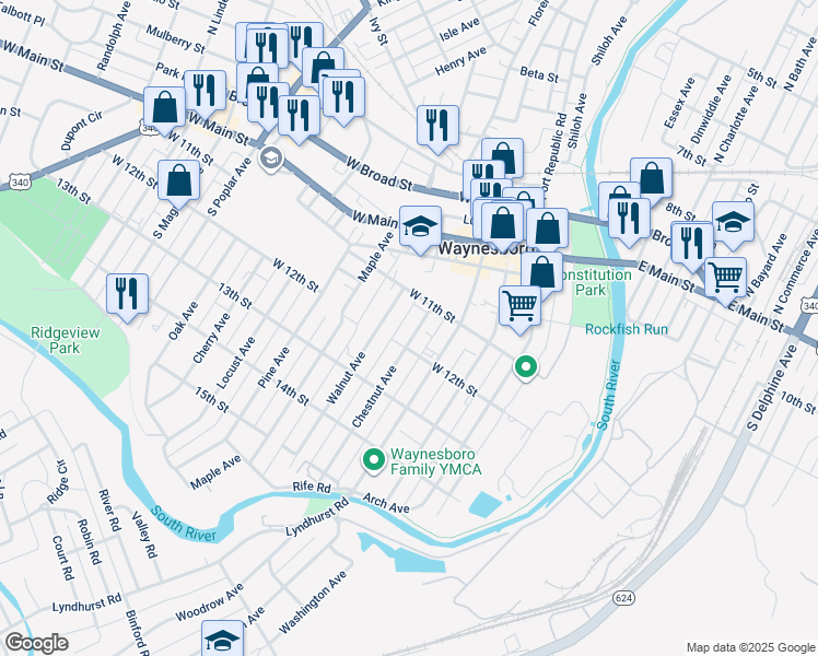 map of restaurants, bars, coffee shops, grocery stores, and more near 368 Chestnut Avenue in Waynesboro