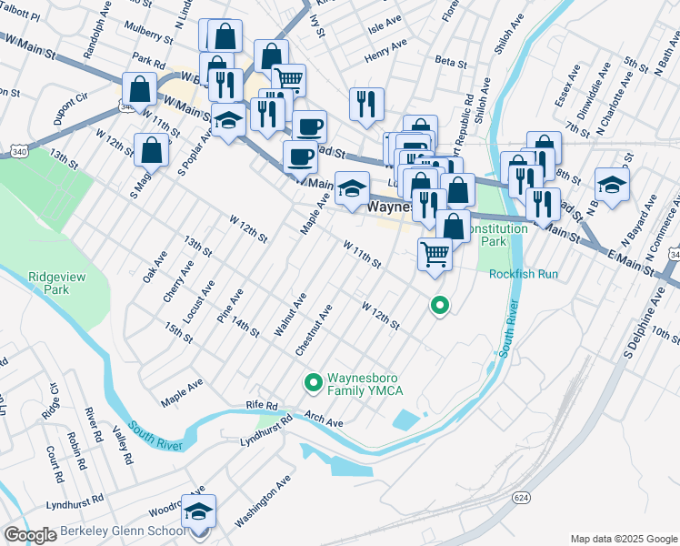 map of restaurants, bars, coffee shops, grocery stores, and more near 368 Chestnut Avenue in Waynesboro