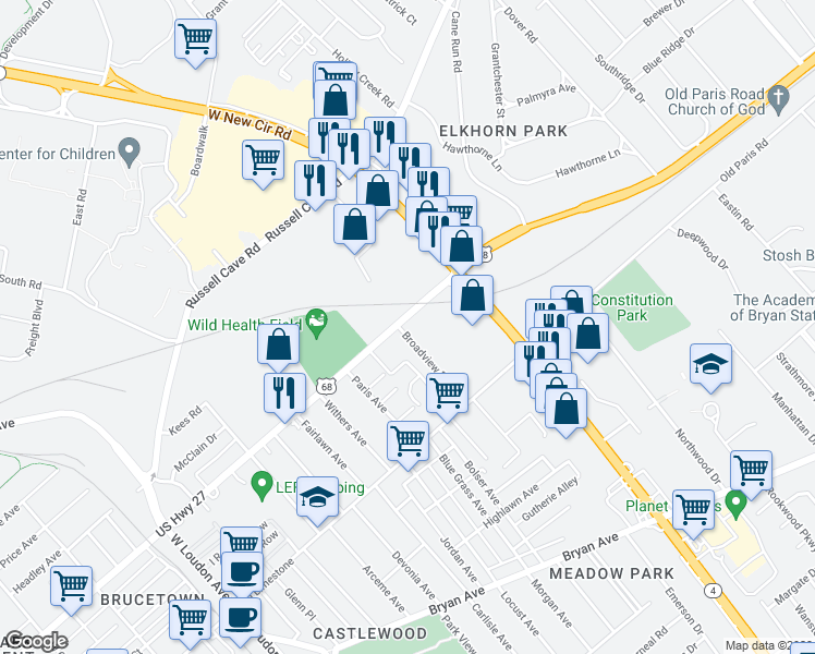 map of restaurants, bars, coffee shops, grocery stores, and more near 261 Broadview Drive in Lexington