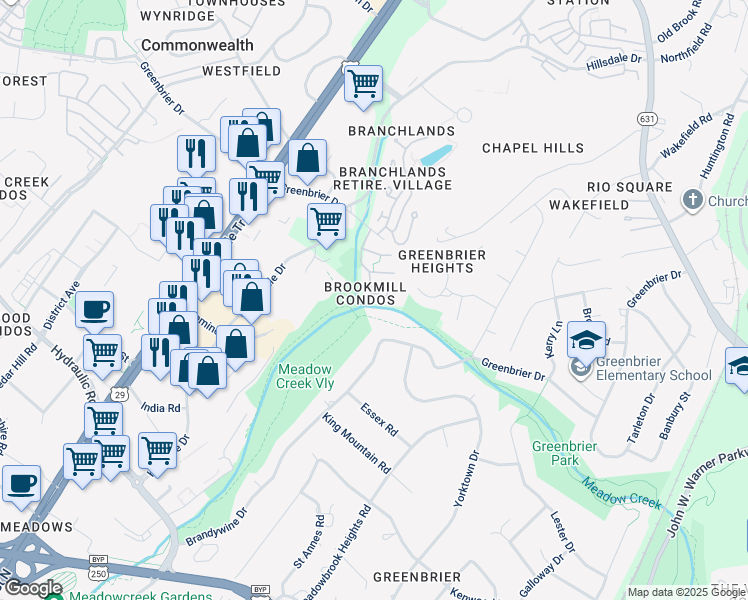 map of restaurants, bars, coffee shops, grocery stores, and more near 1132 Mill Park Drive Extension in Charlottesville