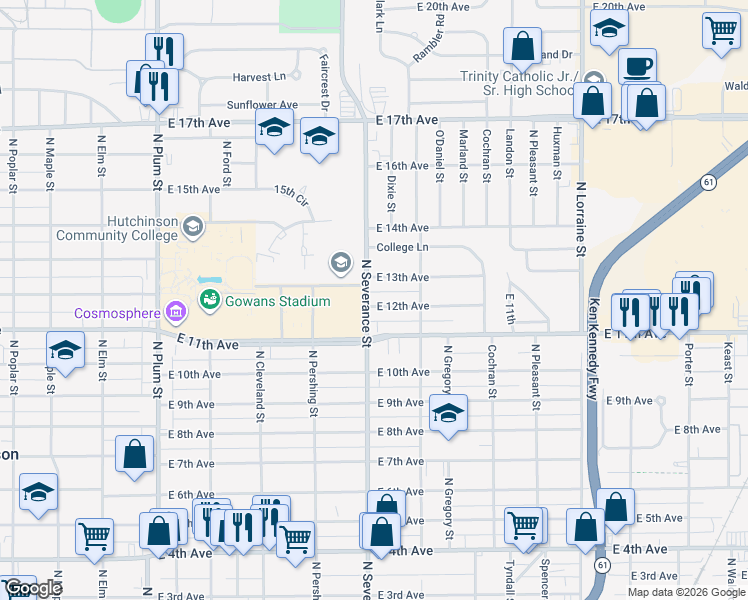 map of restaurants, bars, coffee shops, grocery stores, and more near 1200 North Severance Street in Hutchinson