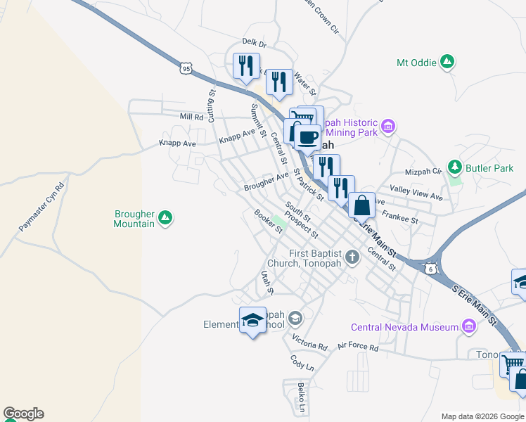 map of restaurants, bars, coffee shops, grocery stores, and more near 159 University Street in Tonopah