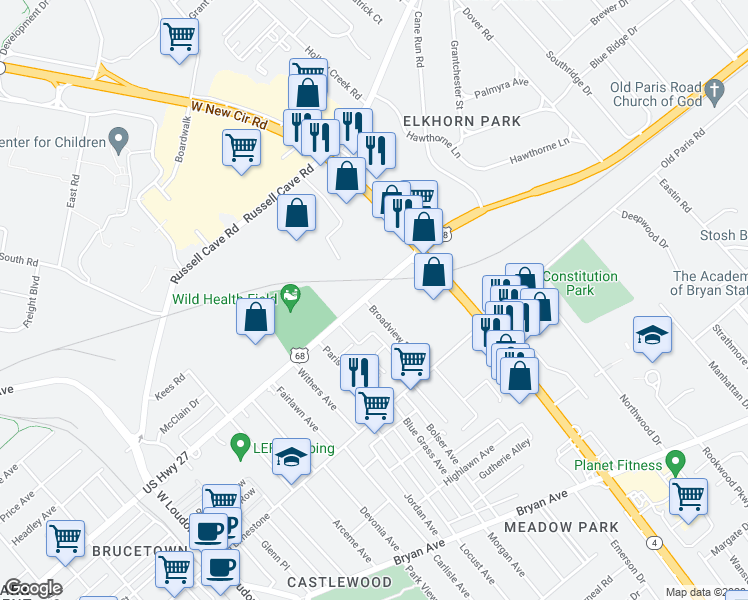map of restaurants, bars, coffee shops, grocery stores, and more near 1496 U.S. 68 in Lexington