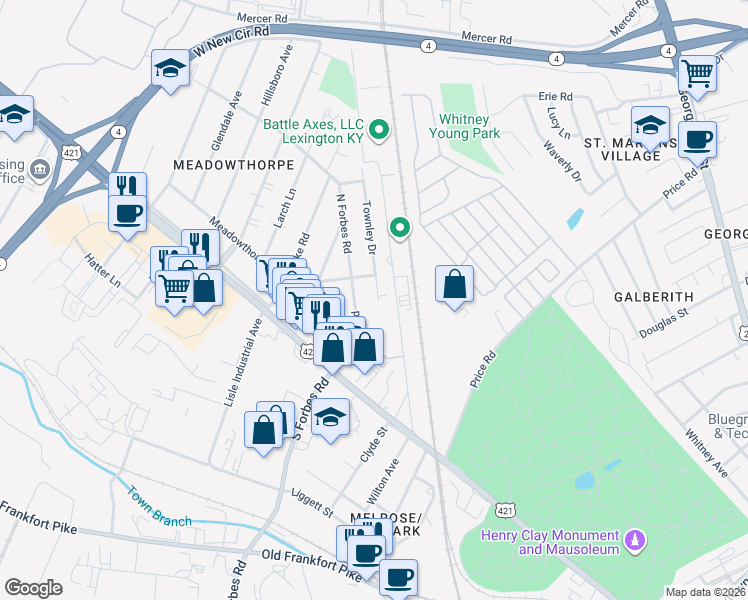map of restaurants, bars, coffee shops, grocery stores, and more near 1439 North Forbes Road in Lexington