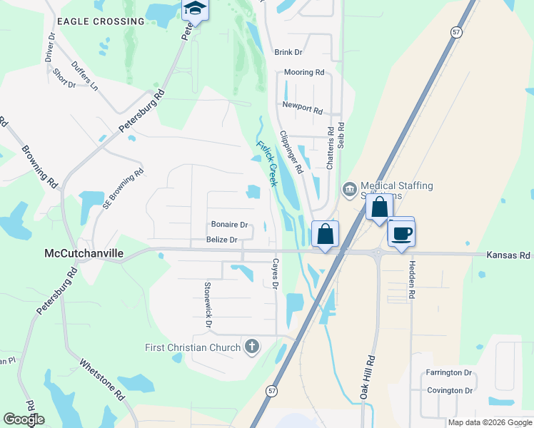 map of restaurants, bars, coffee shops, grocery stores, and more near 9616 Cayes Drive in Evansville