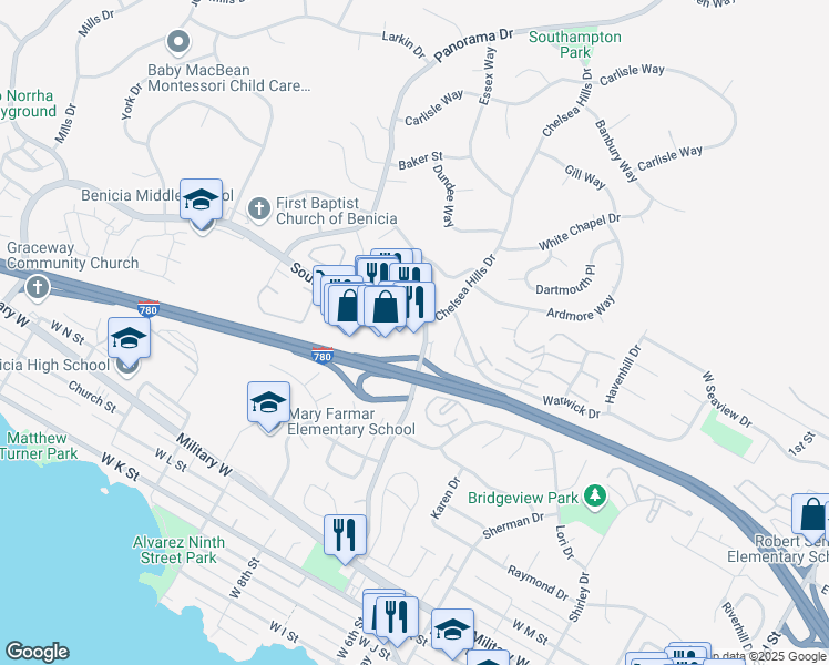 map of restaurants, bars, coffee shops, grocery stores, and more near 802 Southampton Road in Benicia