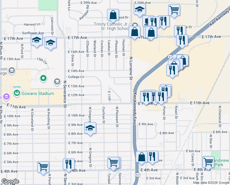 map of restaurants, bars, coffee shops, grocery stores, and more near East 11th in Hutchinson