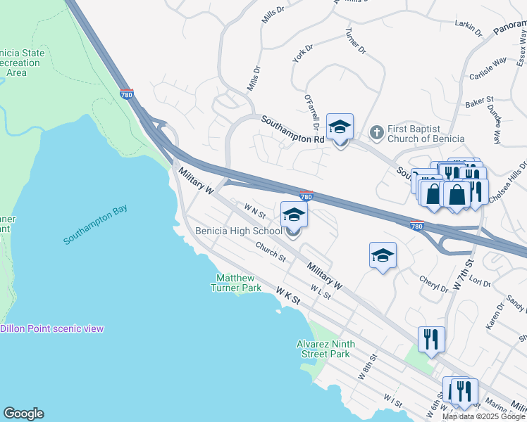 map of restaurants, bars, coffee shops, grocery stores, and more near 1235 Military West in Benicia