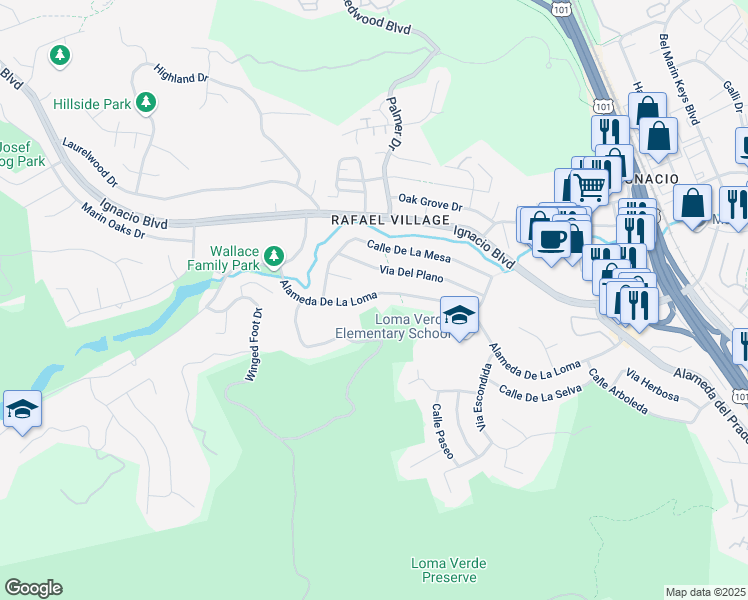 map of restaurants, bars, coffee shops, grocery stores, and more near 463 Alameda De La Loma in Novato