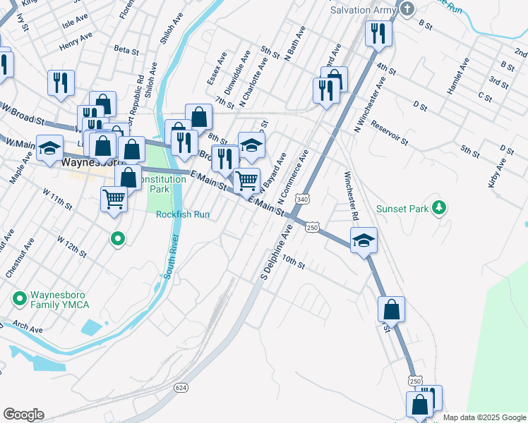 map of restaurants, bars, coffee shops, grocery stores, and more near 126 South Bayard Avenue in Waynesboro