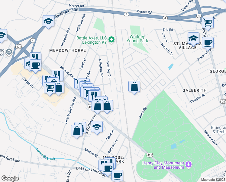 map of restaurants, bars, coffee shops, grocery stores, and more near 1439 North Forbes Road in Lexington