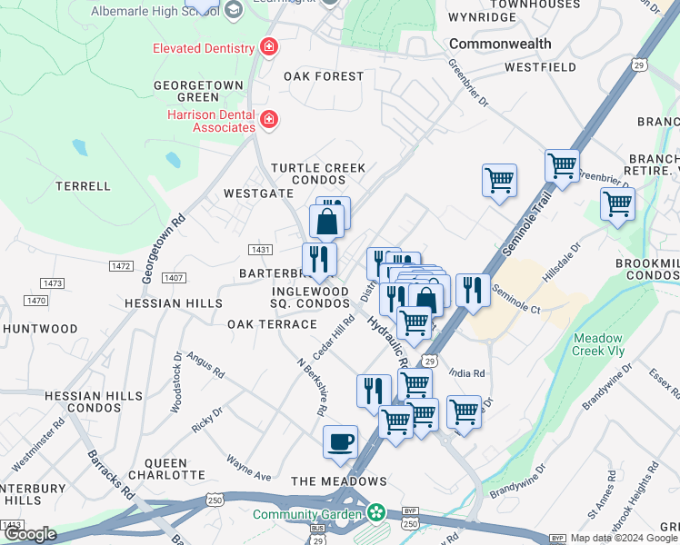 map of restaurants, bars, coffee shops, grocery stores, and more near 2083 Kober Way in Charlottesville