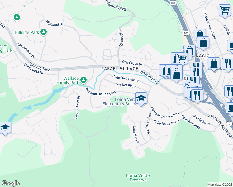 map of restaurants, bars, coffee shops, grocery stores, and more near 463 Alameda De La Loma in Novato