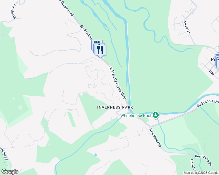 map of restaurants, bars, coffee shops, grocery stores, and more near 35 Portola Avenue in Inverness