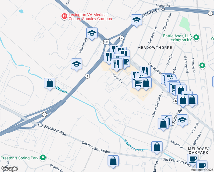 map of restaurants, bars, coffee shops, grocery stores, and more near 201 Towne Square Park in Lexington