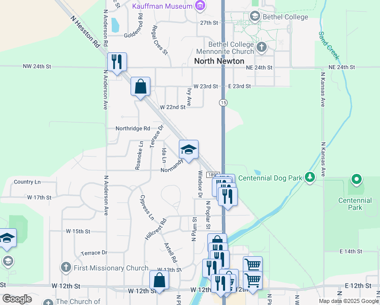 map of restaurants, bars, coffee shops, grocery stores, and more near 301 Normandy Road in Newton