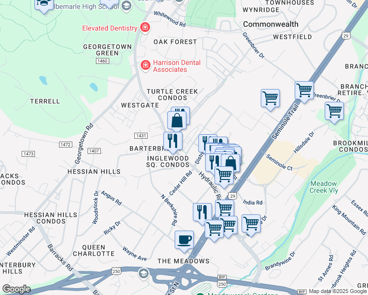 map of restaurants, bars, coffee shops, grocery stores, and more near 2085 Kober Way in Charlottesville